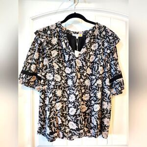 NWT C&C California Black Night Floral Blouse | XL | Ruffle & Lace Trim